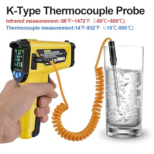 Infrared Thermometer Temperature Gun,-58°F to 1472°F Non Contact Digital IR Laser Thermometer Temp Gun with Probe & Humidity Measurement for Cooking,Griddle,Engine,HVAC,Adjustable Emissivity