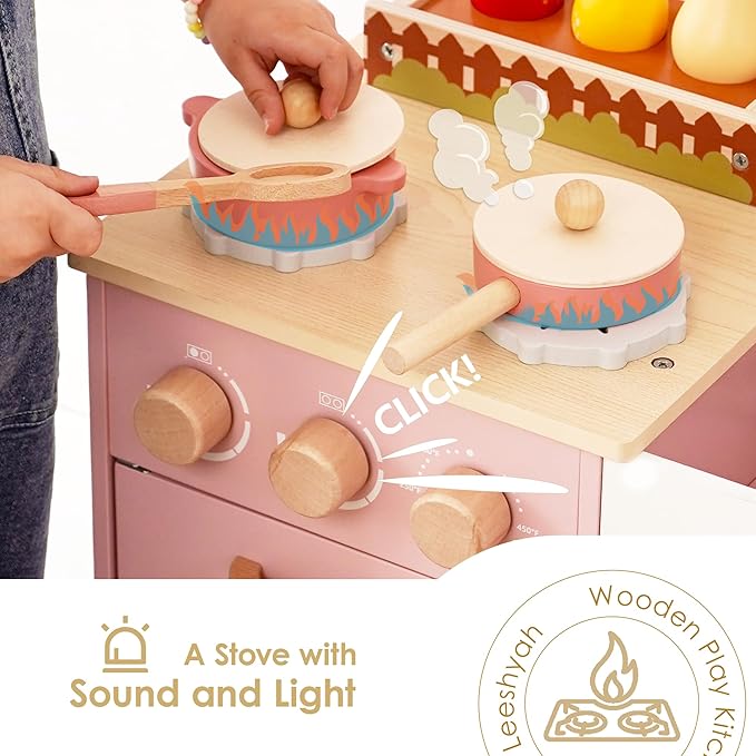 Pink Wooden Play Kitchen with Realistic Features & Accessories, Pretend Cooking Toy for Kids 3+, Ideal Gift for Toddler Boy and Girls