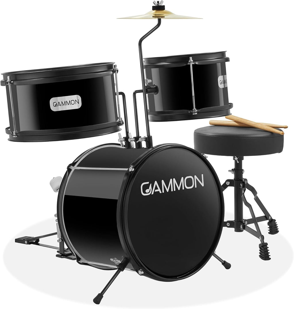 Gammon 3-Piece Junior Drum Set with Throne - Black, Complete Beginner Kit with Bass Drum, Toms, Cymbal, Pedal, and Drumsticks