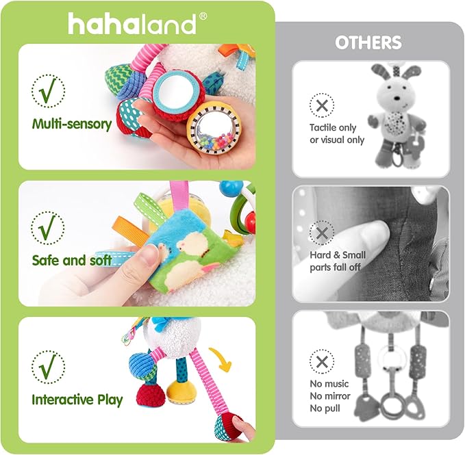 hahaland Baby Toys 0-6 Months - Baby Sensory Toys 0-3-6 Months Car Seat Toy Hanging - Musical Animals with Pull String Rattle Teether Crinkle Mirror, Crib Stroller Toy Tummy Time Babies Girl Boy Gifts