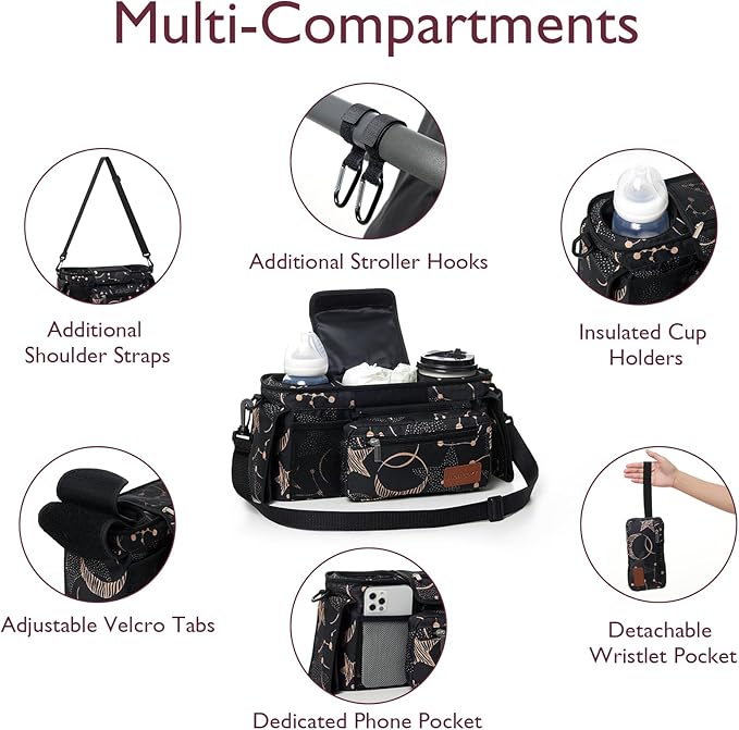 Momcozy Universal Stroller Organizer with Insulated Cup Holder Detachable Phone Bag & Shoulder Strap, Fits for Stroller like Uppababy, Baby Jogger, Britax, BOB, Umbrella and Pet Stroller