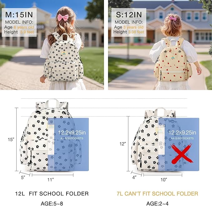 STEAMEDBUN Corduroy Kids Backpack for Girls and Boys 5-8: Girls Backpack for Elementary Kindergarten - 15 inch Cute Backpacks for Kids - Flower