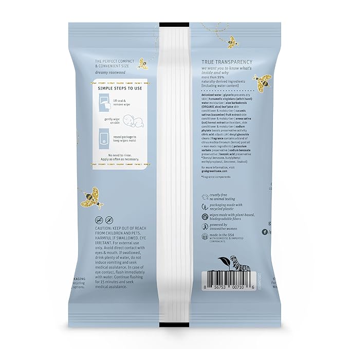 Grab Green Baby Witch Hazel Soothing Wipes, 32 Wipes, Dreamy Rosewood Scent, Plant and Mineral Based, Biodegradable, Soothe Common Skin Irritations Such as Diaper Rash, No Alcohol, Packaging May Vary