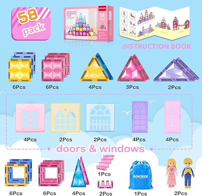Pink Castle Magnetic Tiles for Kids Ages 3-8, 3D STEM Toys with Sparkling Building Blocks, Creative Educational Gift for Boys and Girls, Preschool Learning Toys for Birthday