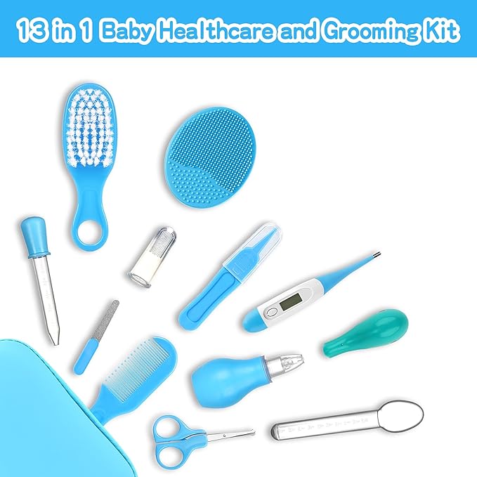 Baby Healthcare and Grooming Kit, Portable Baby Safety Care Set, Baby Essentials kit for Newborn (Blue 13 in 1)
