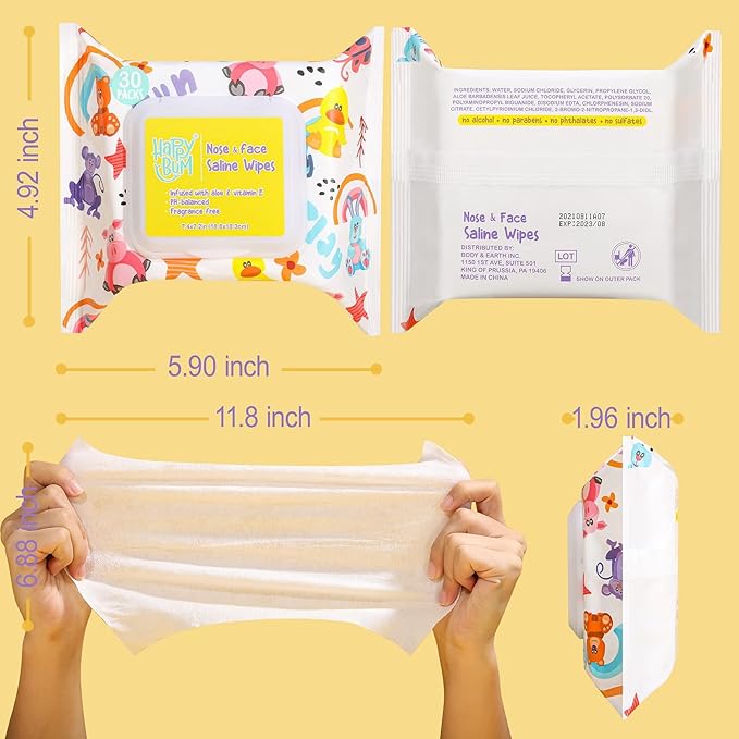 HAPPY BUM - 180 Count Saline Baby Wipes, Unscented, 7.4 x 7.2 Inch, Moist and Refreshing, Multi-Purpose Use, Ideal for Travel
