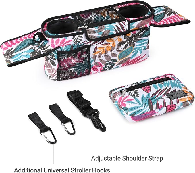 Momcozy Universal Stroller Organizer, 2 Insulated Cup Holders, Removable Zip Pocket, Adjustable Straps, Large Capacity Baby Essentials Compact Design, Fits Any Stroller (Multicolor)