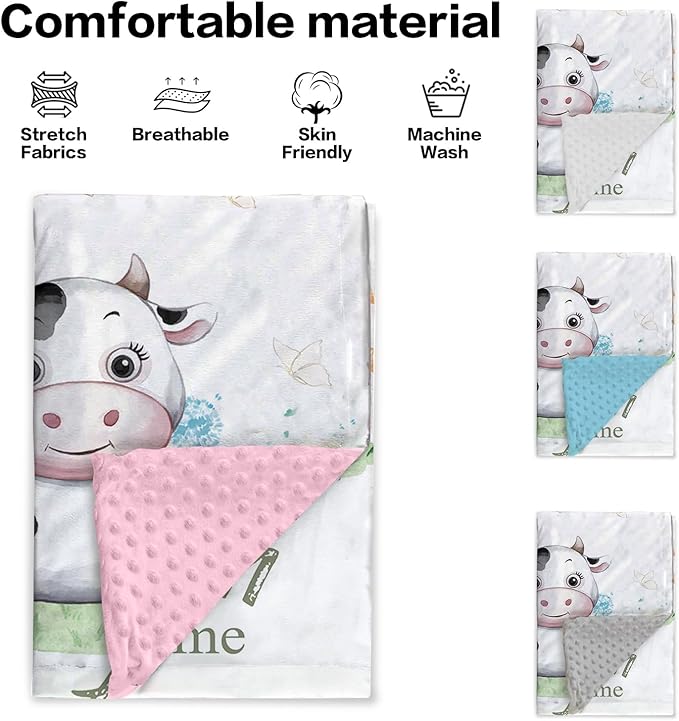 Personalized Baby Blanket for Boys, Custom Name Baby Blanket with Cars, Soft Flannel with Double Layer Dotted Backing, Receiving Swaddle Blankets for Infants and Toddlers, Cow Design