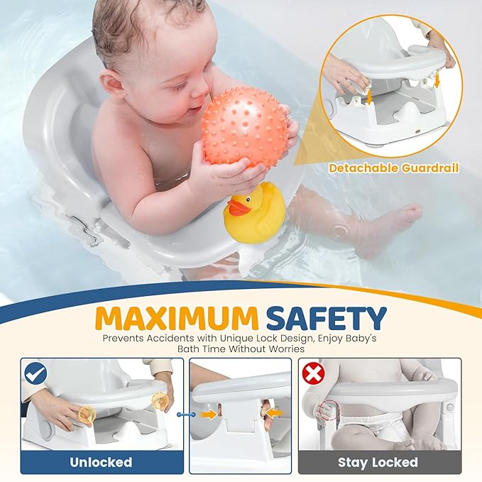 Orzbow Baby Bath Seat for Babies Sitting Up, Bath Seats for Babies 6-12-24 Months & Up with Adjustable Backrest, Non-Slip Baby Bathtub for Newborn Infant Toddler, Strong Suction & Comfortable, Gray