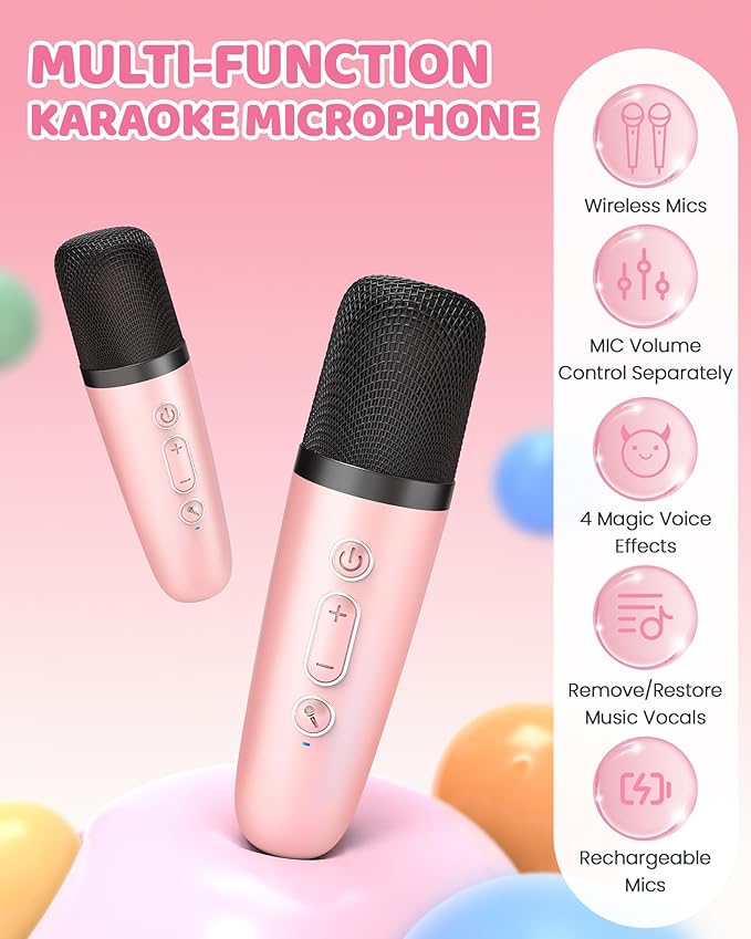 YLL Mini Karaoke Machine for Kids Adults: Portable Loud Speaker with 3 Wireless Microphones -Most Popular Birthday Party Gifts for Girls Boys 3, 4, 5, 6, 7, 8, 9, 10+ Year Old Toys Party (Pink-3 Mics)