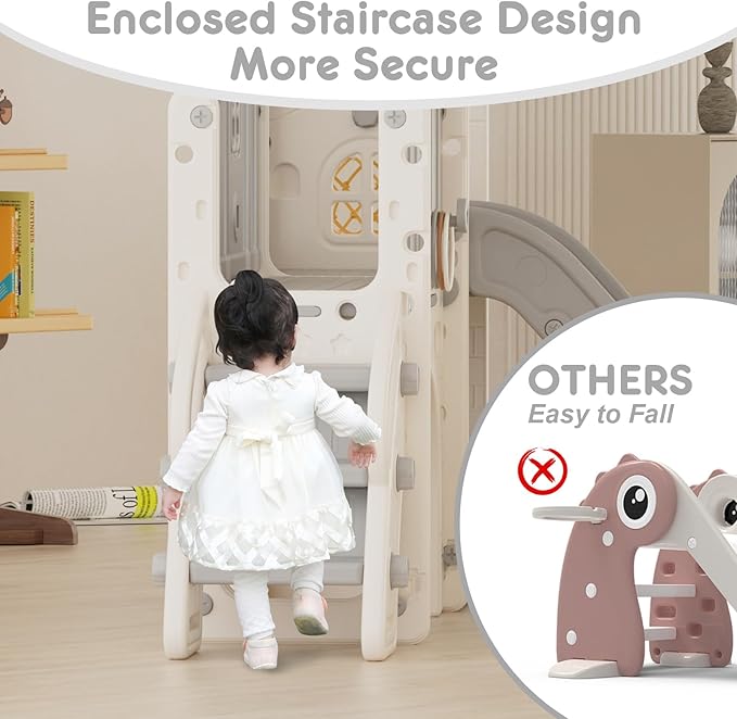 YUFU 8 in 1 Toddler Slide Set, Kids Slide for Toddlers Age 1-3, Toddler Playset with Climber, Basketball Hoop and Ball, Outdoor Indoor Playground for Toddlers 1-3 (Beige+Gray)