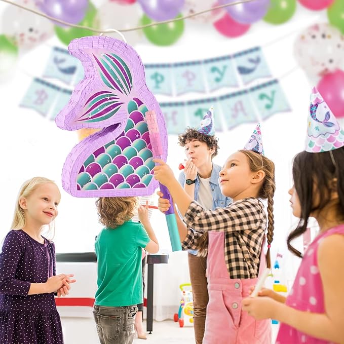 WERNNSAI Mermaid Piñata - Mermaid Party Supplies Piñata Bundle with Blindfold and Bat for Girls Kids Ocean Theme Birthday Party Game Carnival Activity Decorations (16.7" x 12.2" x 3.1")