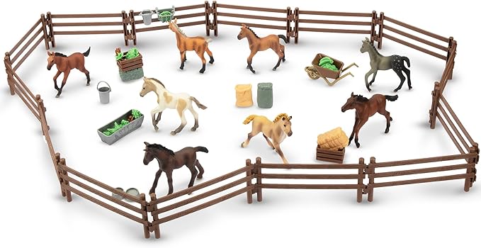 Toymany 24PCS Plastic Corral Fencing Playset Accessories for Farm Animals Figurines, Cake Toppers - Educational Gift for Kids and Toddlers