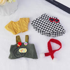Doll Clothes Set for 17cm Dolls – Plaid Hat, Red Scarf, Yellow T-Shirt & Candy Bib Pants for 15 cm Mini Doll Stylish Outfits Accessories (No Doll & Shoes)