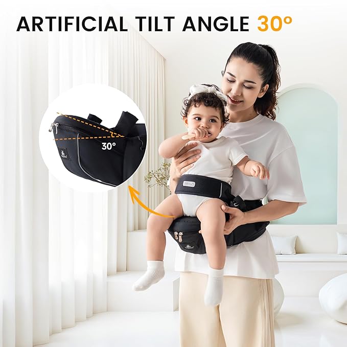 Ergonomic Baby Hip Carrier-Baby Waist Stool with Adjustable Strap and Chest Harness Huge Storage Enhanced Lumbar, Carrier for Newborn to Toddler Black
