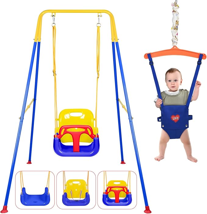 4 in 1 Toddler Swing Set & Baby Jumper, Heavy Duty Kids Swing with Bouncer, Foldable Metal Stand for Indoor & Outdoor, Easy Install & Store (Blue)