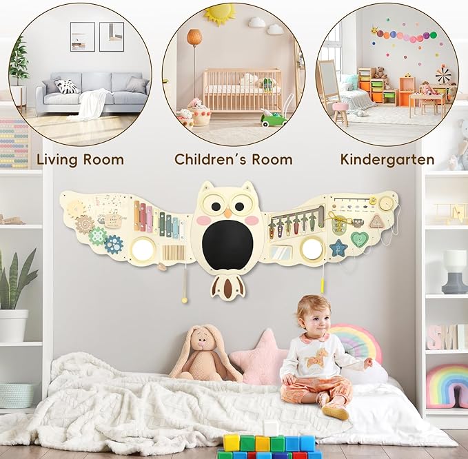 Owl Activity Wall Busy Board Panels, Montessori Sensory Toys, Toddler Learning Activity Center,Interactive Wooden Learning Toy for Toddler Playroom & Children's Daycare