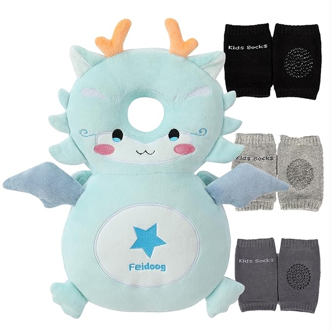 Feidoog Baby Head Protector Cushion Backpack with 3 Knee Pads for Walking & Crawling,Blue Dragon