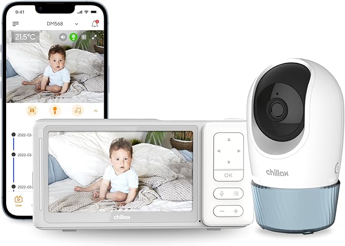 CHILLAX DM568 Video Baby Monitor – 2K QHD Baby Monitor with Camera and Audio w/Remote Pan‑Tilt‑Zoom, 5″ 720p Color Screen, Auto Dimming LED, Night Light & Sleep Trainer, Wi‑Fi/Non‑Wi‑Fi Viewing