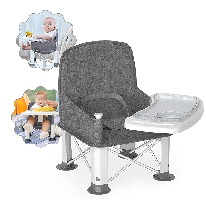 Baby Travel Booster Seat with Double Tray, BabyBond Upgraded Toddler Portable Baby Chair, Booster Seat for Dining Table, Stable and Foldable Booster Baby Chair for Indoor/Outdoor (Grey)