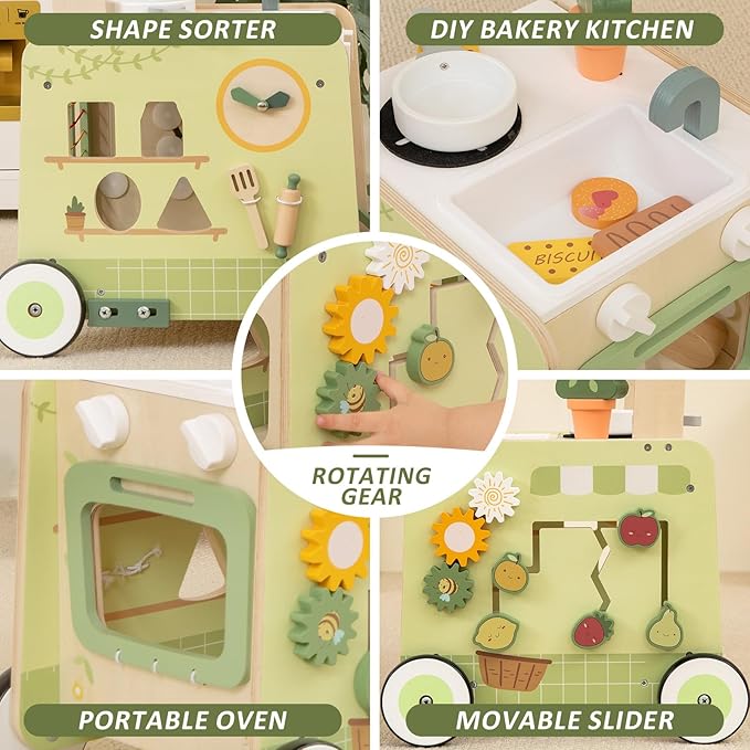Baby Push Walker -Wooden Push Walker Montessori Toy- Toddler Learning Activity Walker for Girls Boys 1-3 Years - Pretend Kitchen Playset Ideal for Toddlers（Green ）