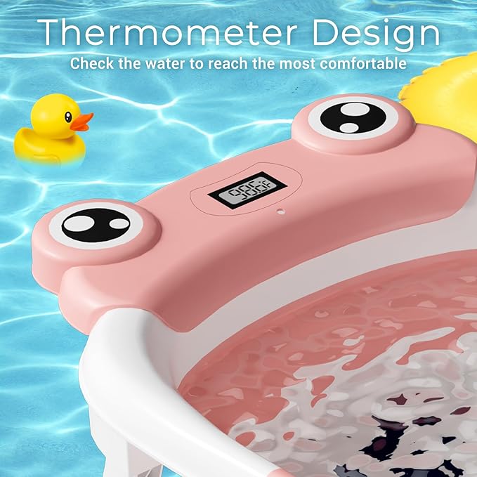 Baby Bathtub, Collapsible Newborn Bathtub for Infant to Toddler 0-24 Months with Soft Cushion and Thermometer,Portable Travel Newborn Tub with No-Slip Feet, Baby Shower Gifts,Pink