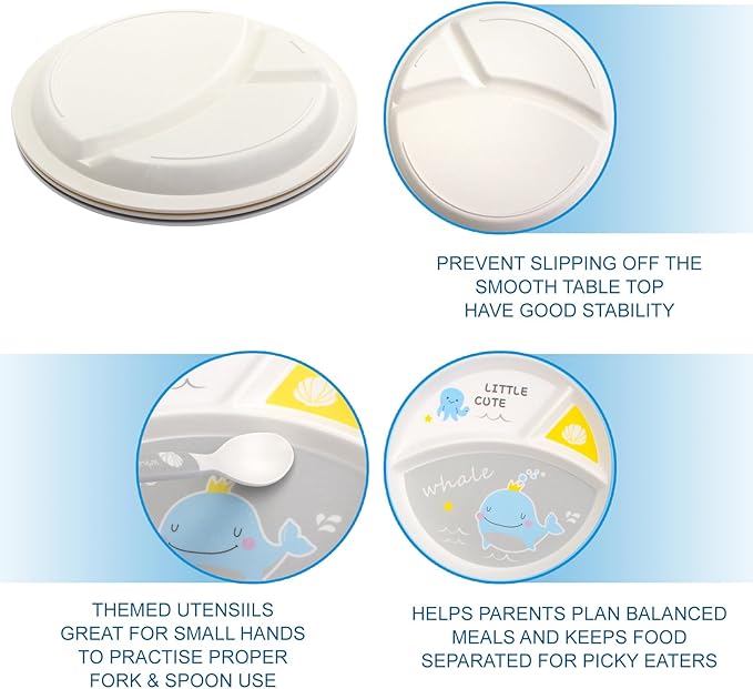 Kids Feeding Set 5 Pcs, Tableware Set for Toddlers Includes Plate Bowl Cup Fork and Spoon Utensil Flatware, Kids Flatware Set Dishwasher Safe, BPA Free (Whale)