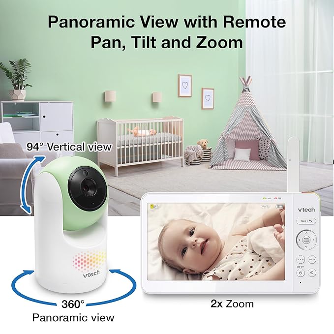 VTech Video Baby Monitor with 7" Color LCD Screen, Rechargeable Battery, Video Streaming, Audio Streaming, Pan-Tilt-Zoom, Touch Multi-Color Night Light, Two-Way Talk, Long Range: Advanced Max Green