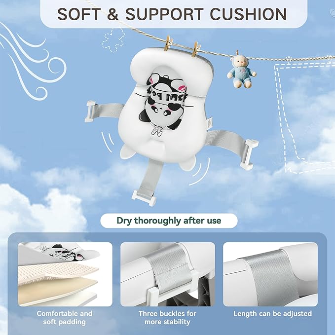 Collapsible Baby Bathtub for Newborn to Toddler (0-24 Months), Portable Baby Bath Tub for Travel, Newborn Bathtub with Soft and Supportive Cushion (Panda-Gray)