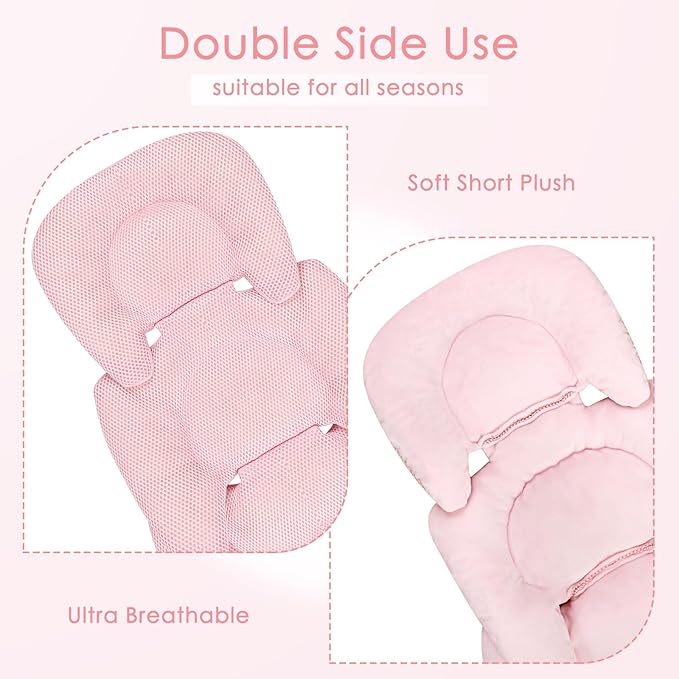 Infant Car Seat Insert for Newborn Girls Boys, Summer Mesh Baby Carseat Head Support with Strap Pads, Soft Reversible Baby Car Seat Insert Cushion Pad for Car Seat, Stroller, Bouncer, Swing, Pink