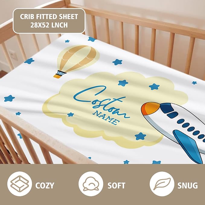 Personalized Baby Crib Bedding Set, Custom Name Aircraft Theme Nursery Bedding Set 3 Pcs, Baby Blanket Fitted Crib Sheet Changing Pad Cover, Personalized Nursery Decor Gift for Newborns Boys