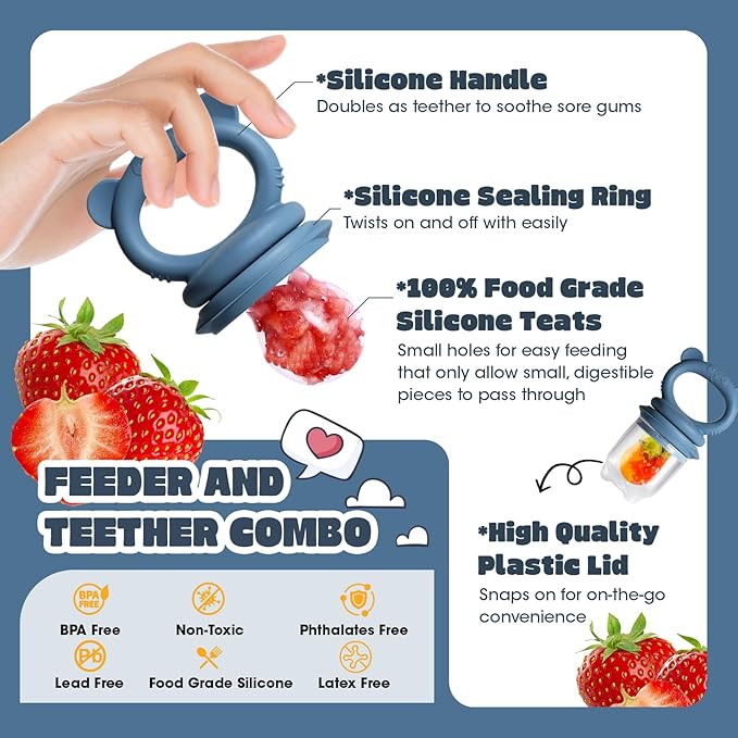 Baby Fruit Food Feeder & Breastmilk Popsicle Molds for Teething Relief, Baby Feeding Sets, 1 Freezer Tray with Lid & 1 Teether Toy & 1 Silicone Teething Pacifier Feeder, Extra Food Pouches (Blue)