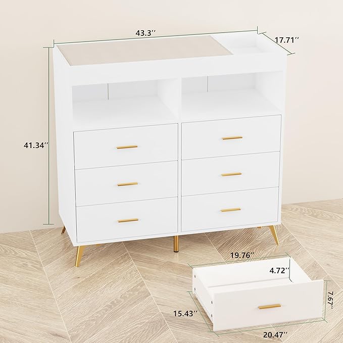 GarveeHome Dresser for Bedroom with 6 Drawers, Baby Changing Table Dresser with Changing Pad, LED Lights & Charging Station, Baby Changing Station with Changing Table Top, White
