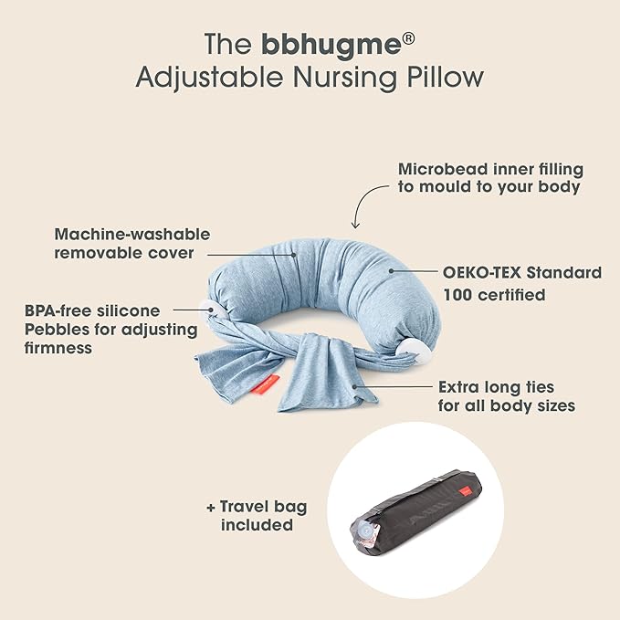 bbhugme Adjustable Nursing Pillow with Blue Melange Cover & Extra Grey Melange Cover - Breastfeeding and Baby Support