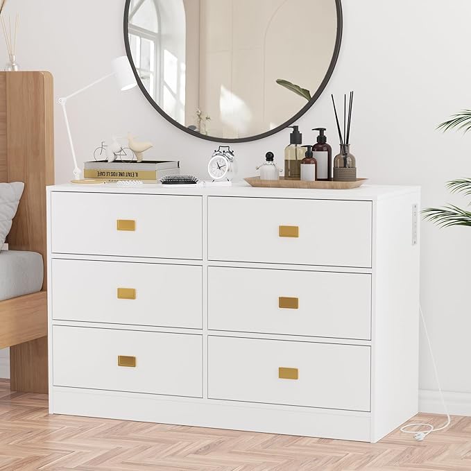 Dresser for Bedroom with 6 Drawers, Changing Table Dresser with Power Outlets, Soft Changing Pad & Removable Top, Baby Dresser with Changing Table Top for Nursery, White