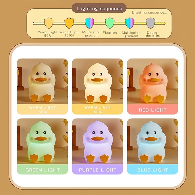 Soft Silicone Cute Duck Night Light, 2-Level Brightness 6 Colors Changeable, with Timing Function Rechargeable Night Light for Nursery Kids Bedroom, Toddler Gift