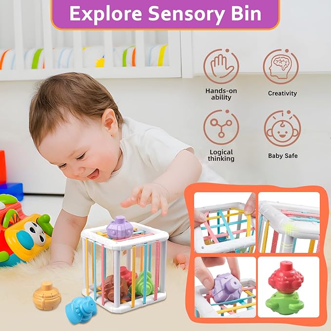 Baby Toys for 6 to 12 Months, Montessori Sensory Bins & Teething Toys, 6 in 1 Stacking Blocks, Rings, Eggs, Spinner, Crab Shape, 27 Pieces, Ages 6-36 Months