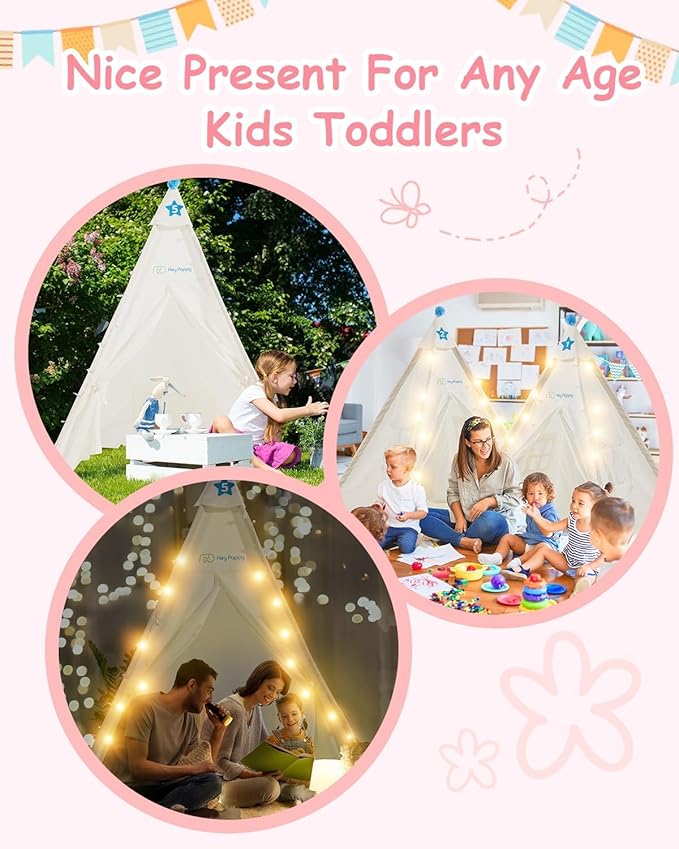 6 Pack Teepee Tent for Kids with Inflatable Airbed, Light, Toddler Tent Children Room Tents, Slumber Party Sleepover Tents, Indoor Outdoor Kids Playtent Playhouse for Girls & Boys