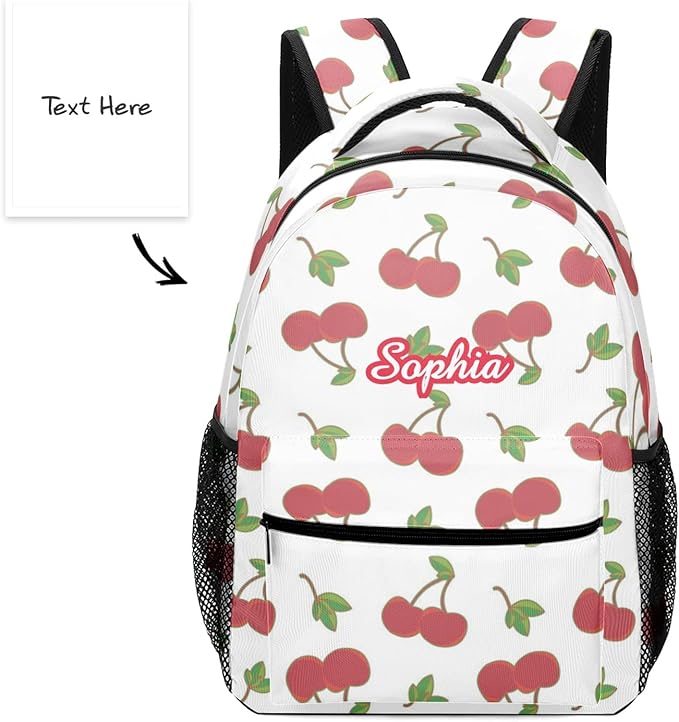 Cherry Pattern Custom Kids Backpack 16.5 Inch for Boy Girl, Personalized Waterproof Child School Travel Bag with Name