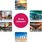 Menique Explore The World Memory Matching Game – 100 Cards (50 Pairs) with Famous Landmarks from 50 Countries – Includes Flag, Country & Place – Educational Geography Game + Informative Booklet