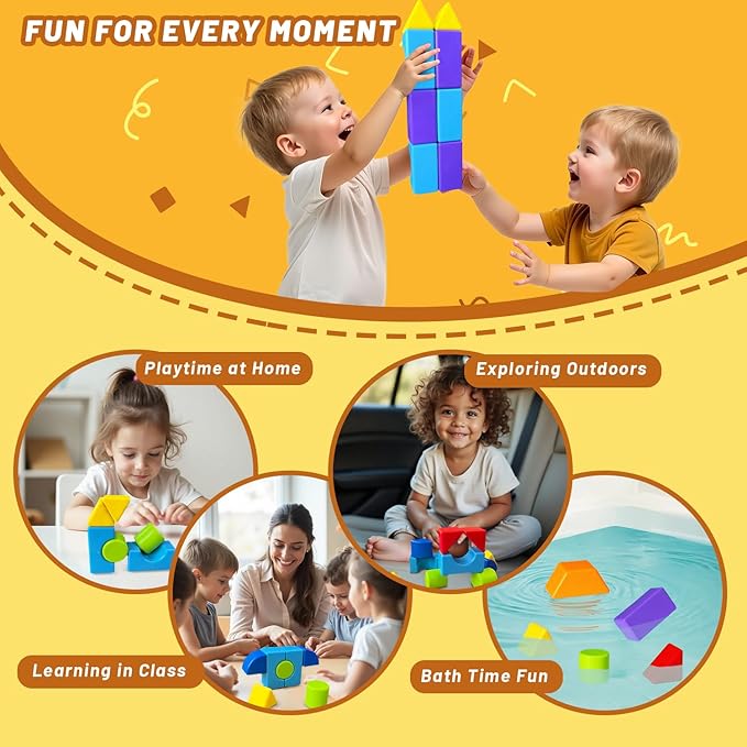 Magnetic Blocks for Kids 4-8, 24PCS Large Magnet Stacking Blocks with Multiple 3D Shapes, Montessori & Sensory Learning Toys, Magnetic Building Toys for Boys & Girls Ages 4+