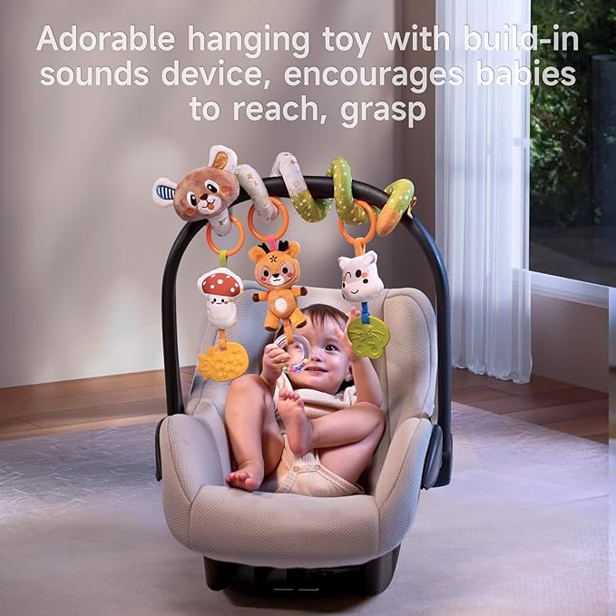 TUMAMA Baby Activity Arch with Bear Spiral Toy, Clips Adjustable and Detachable Sensory Stimulating Hanging Toys Baby Toys 0-3 3-6 Months, Newborn Strollers Bassinets Crib Carseat Toy