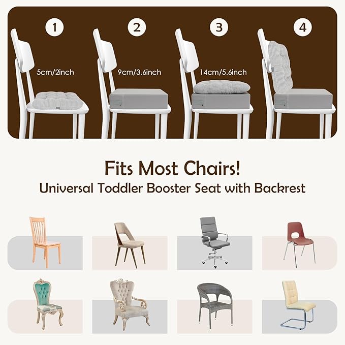 Booster Seat for Kitchen Chair with Comfy Backrest Pillow and Adjustable Safety Buckles,Non-Slip Kid Toddler Booster Seat for Dining Table, PU Travel Baby Booster Cushion Chair