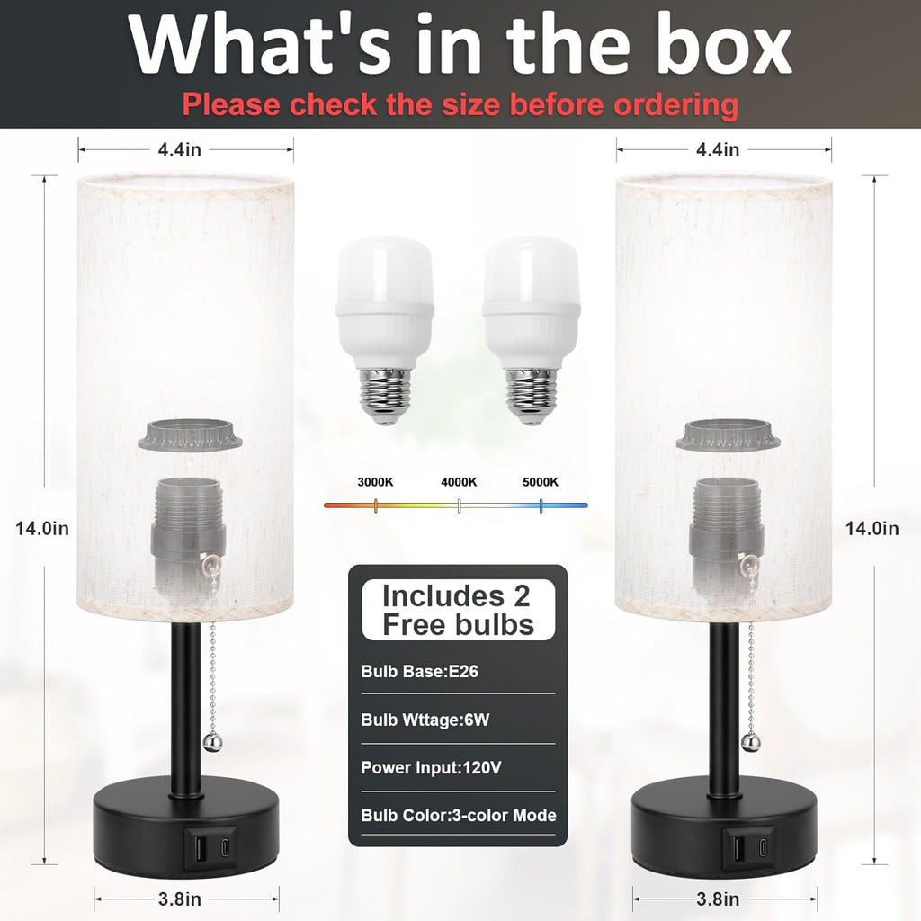 USB Bedside Table Lamps Set of 2-3 Color Temperatures Pull Chain Lamp with USB C and A Charging Ports, Round Night Stand Lamps for Bedroom