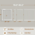 Baby Gate for Doorways Stairs Hallway 76.3-81.1 Inch Wide, Walk Through Child Gates with Pressure Mounted Extention Kit, Indoor Safety Child Gates for Kids or Pets