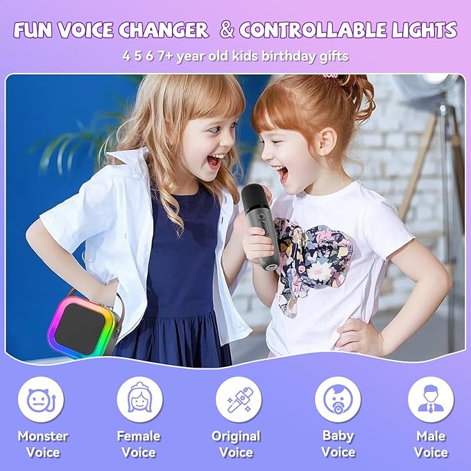 【2025 Newest】 Mini Karaoke Machine for Kids Girls & Boys - Portable Bluetooth Speaker with 2 Wireless Microphones - Kids Birthday Gifts for Ages 4-10 - Kids' Instrument Accessories - Space Gray