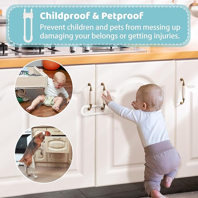 Baby Proofing Cabinets, Sliding Cabinet Locks for Babies, Adjustable U Shaped Baby Safety Locks, Childproof Cabinet Latch for Kitchen, Bathroom, Drawer, Cupboard Doors Knobs & Handles (6 Pack White)