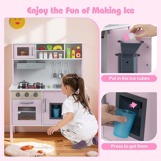 HONEY JOY Kids Kitchen Playset, Wooden Play Kitchen for Toddlers, Microwave, Range Hood, Ice Maker, 18 Cooking Accessories, Little Chef Pretend Play Toy Kitchen Set, Gift for Boys Girls, Pink