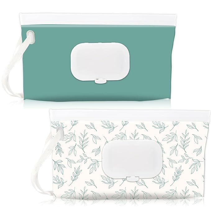 FEBSNOW 2 Pack Baby Wipes Dispenser Holder, Portable Refillable Baby Wet Wipes Pouch Container Reusable Travel Case for Outdoor Hiking, Blue Leaves