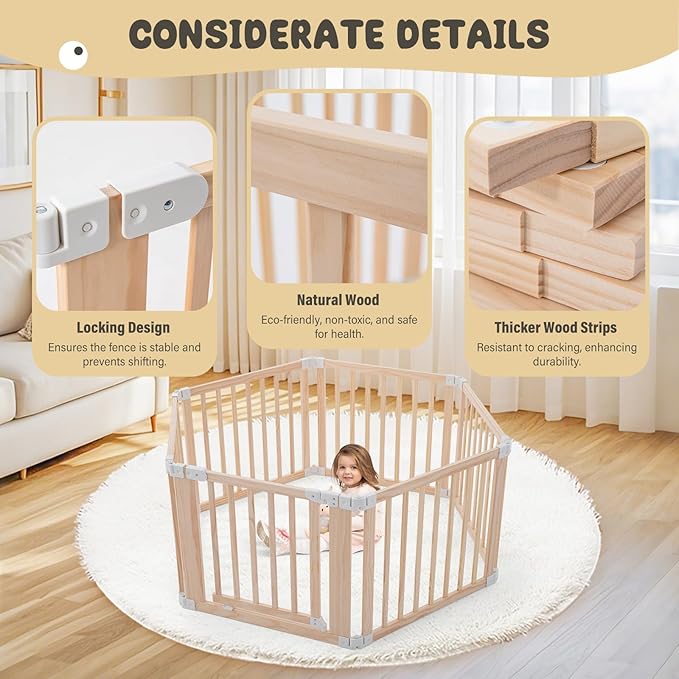 Foldable Wooden Playpen, Large Baby Play Yard with Locking Gate for Babies and Toddler 1-3 Year, Portable Playpen for Activity Center Indoor Outdoor(Wood, 6 Panel)